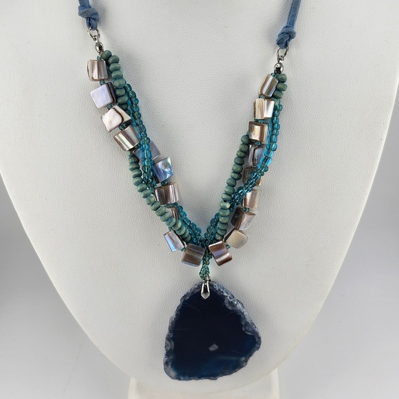 Blue Geode Slice Pendant Necklace Beaded Boho Suede Cord Adjustable - Picture 1 of 9